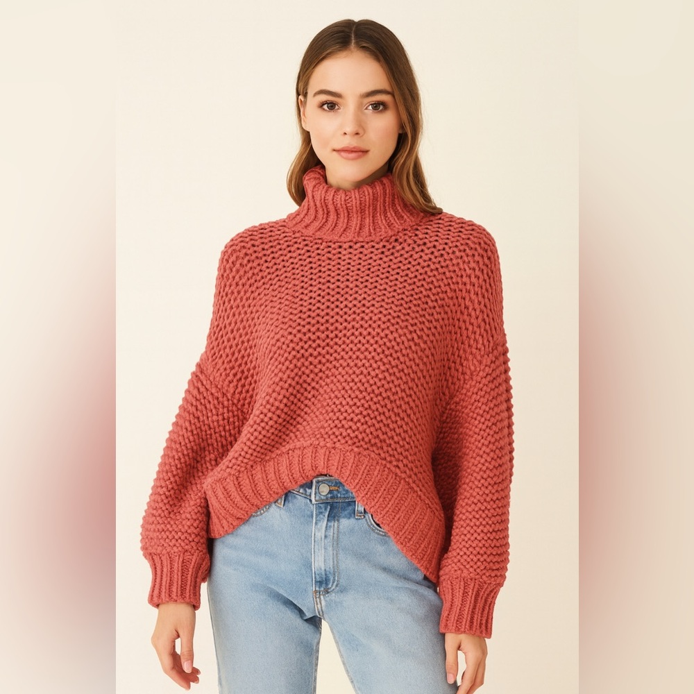 Free‎ People Salmon Cotton Blend Chunky Knit Cropped Turtleneck Sweater Sz. L